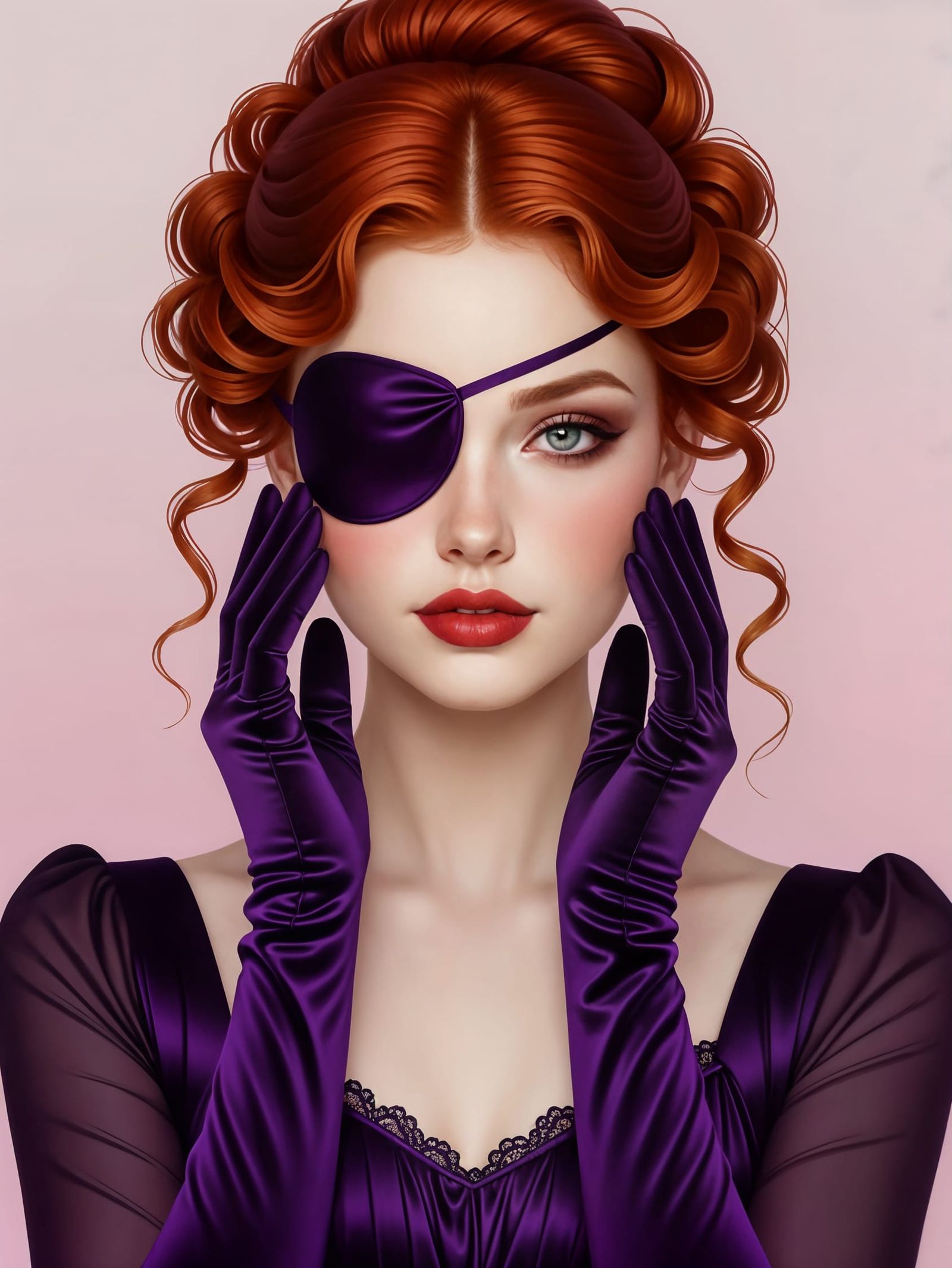 Redhaired Woman in Purple with Eyepatch, Gentle Touch