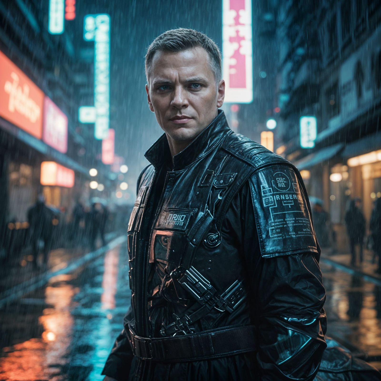 Cyberpunk City Protagonist in Rainy Night