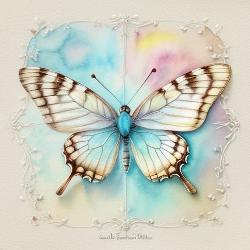 Whimsical Watercolor Butterfly on a Delicate Flower in Shabb...