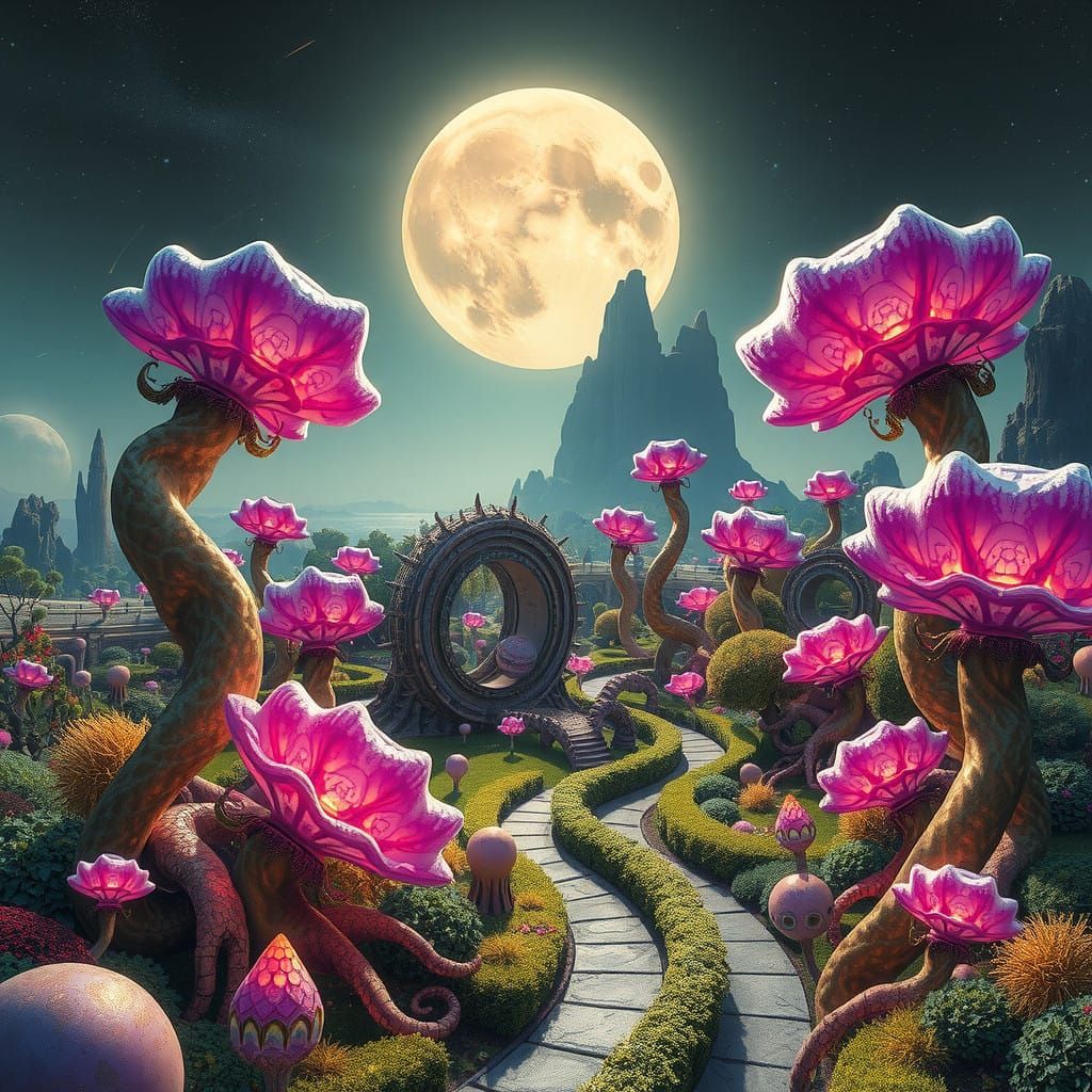 Surreal, Bioluminescent Garden on a Triple-Sunned Alien Worl...