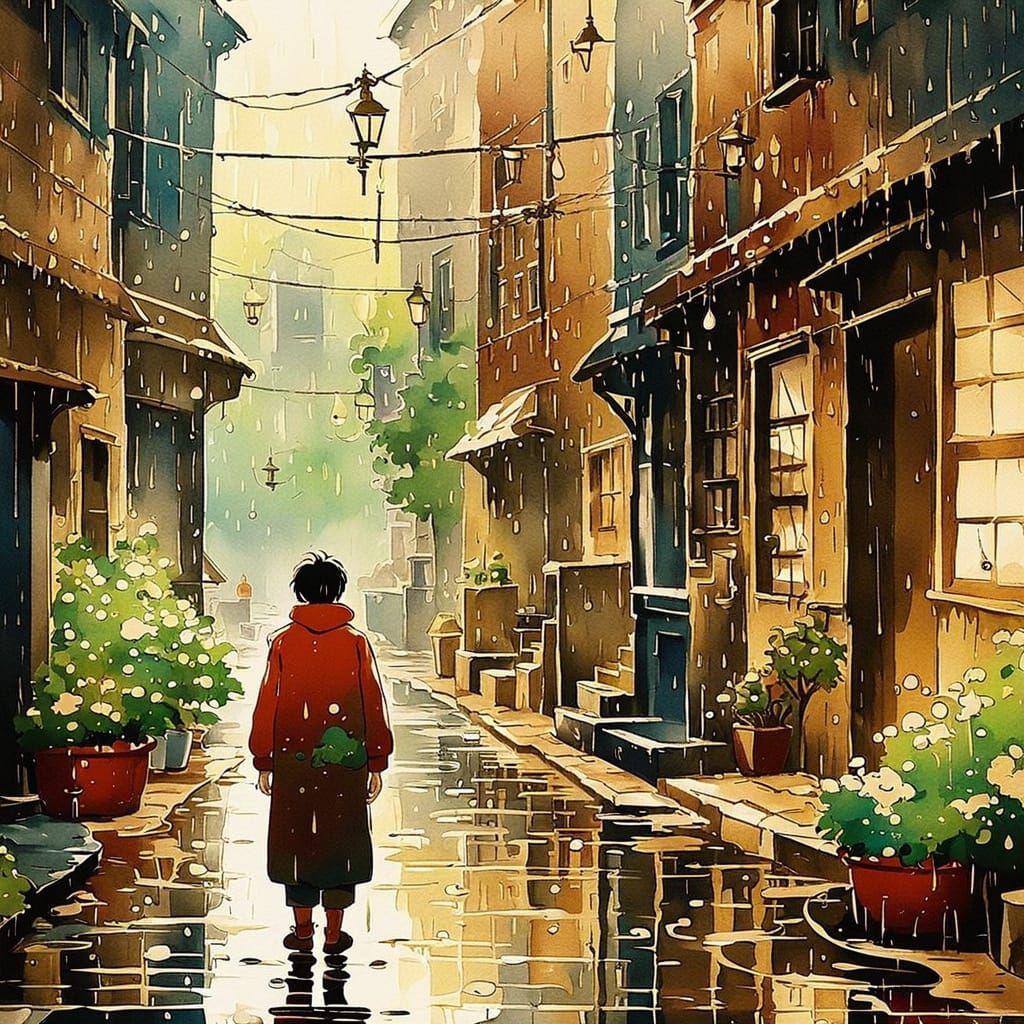 Rainy Alleyway Moment in Whimsical Anime Style