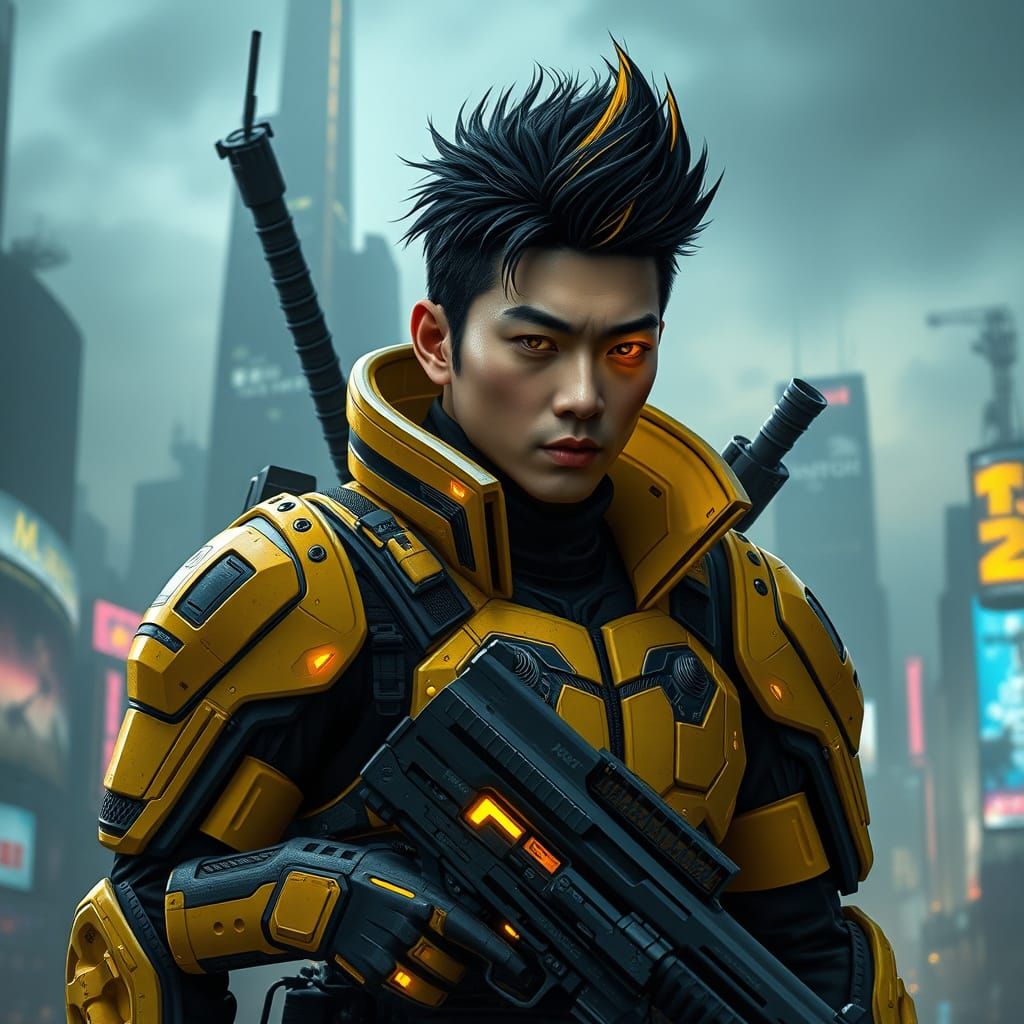 Cyberpunk Korean Hero in Neon Yellow Armor