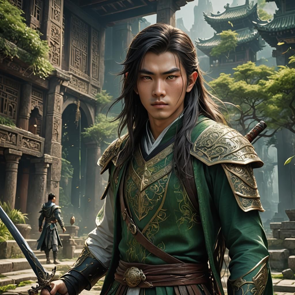 Beautiful 17 year old xianxia boy, green eyes, long hair and green sword.