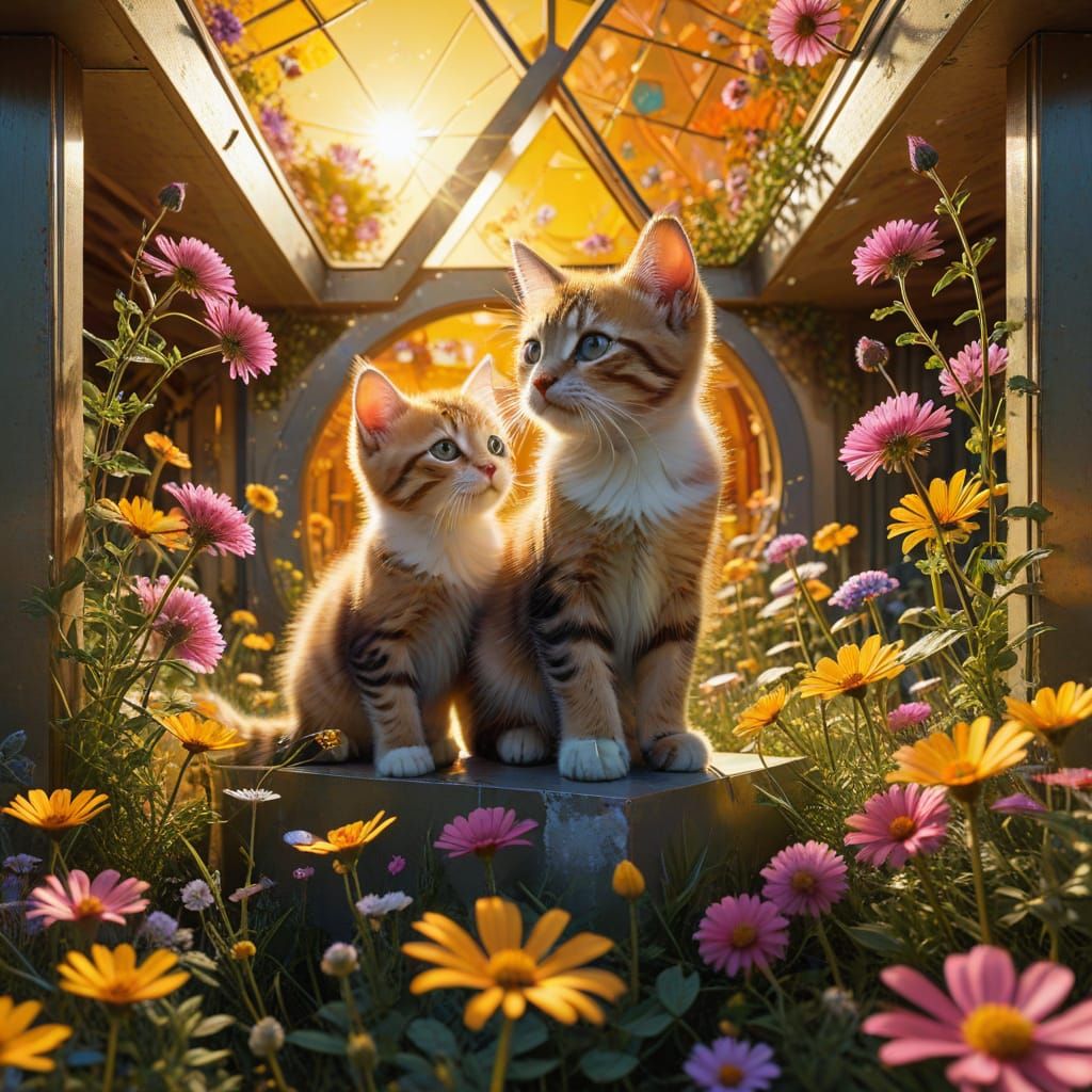 Kittens Playing in Impossible Architecture in Pop Art Style
