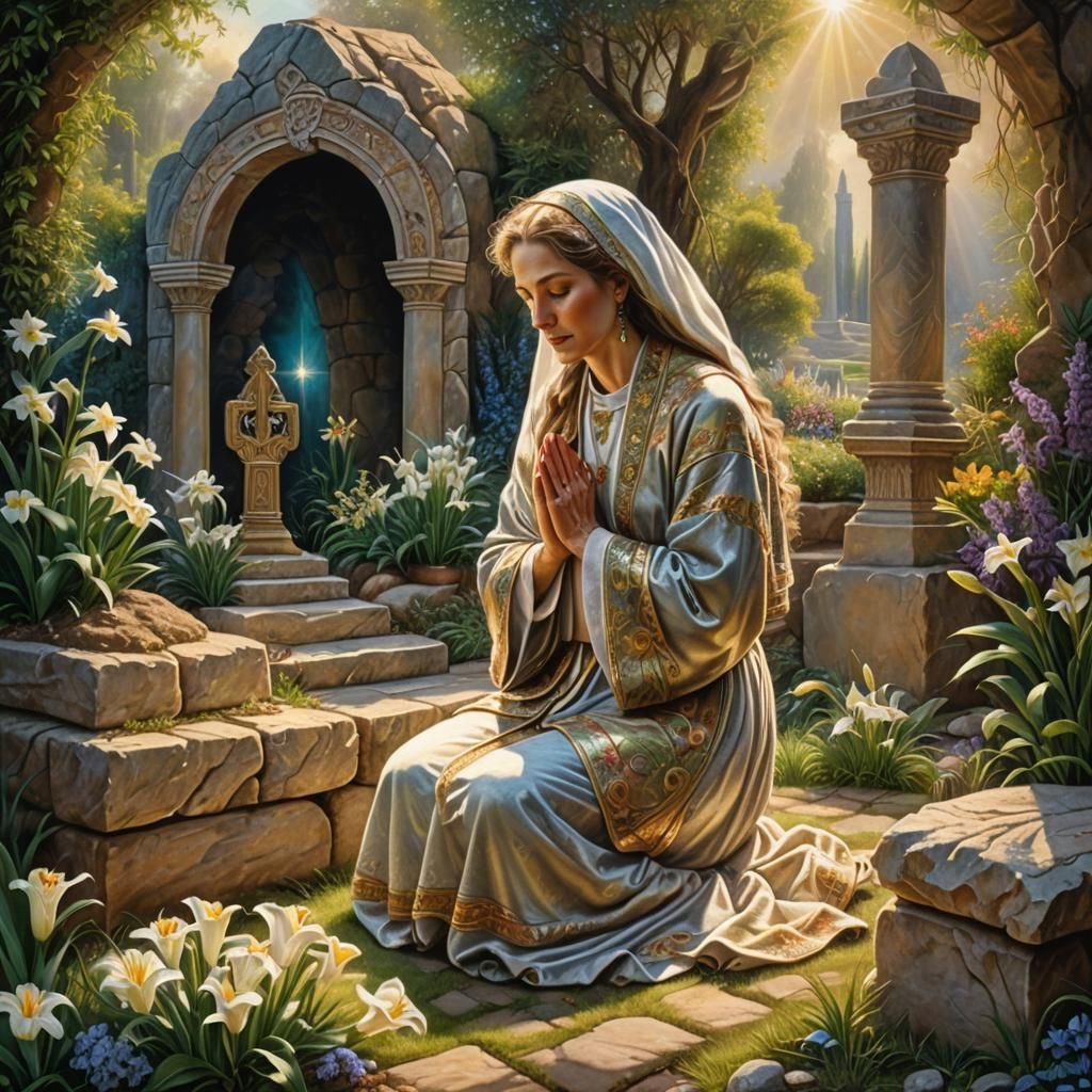 Easter Lilies Garden: Woman Praying at Tomb