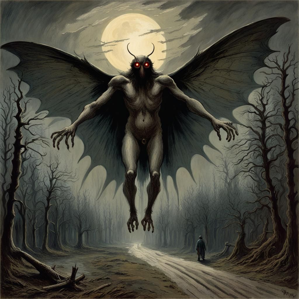 Terrifying Mothman in Gothic Horror Style