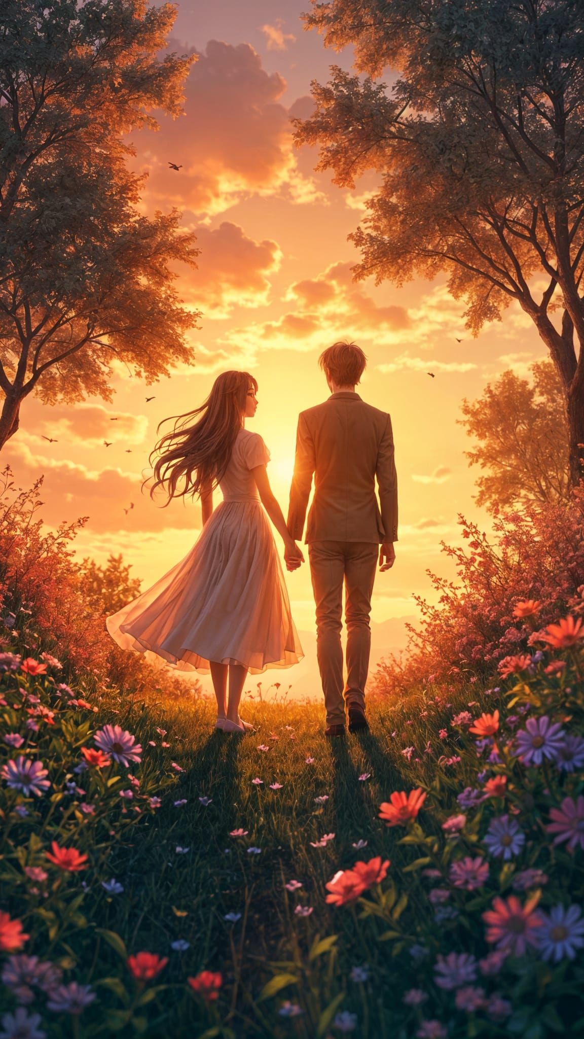 Romantic Couple Silhouette in 3D Anime Style