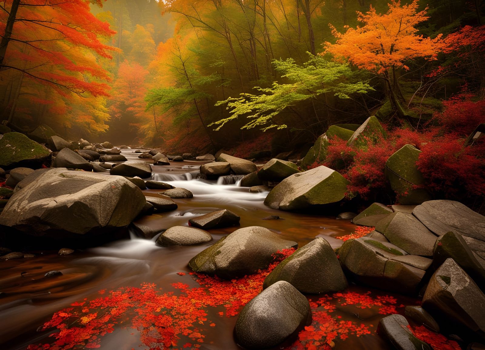 Smoky Mountains in the high peak of the fall season with the colors of reds, greens,  yellows, oranges, and burgundy,  a...