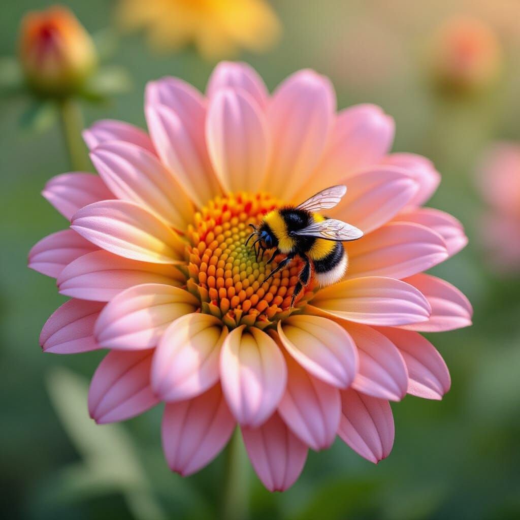 Vibrant Origami Flower with Bumblebee in Studio Light