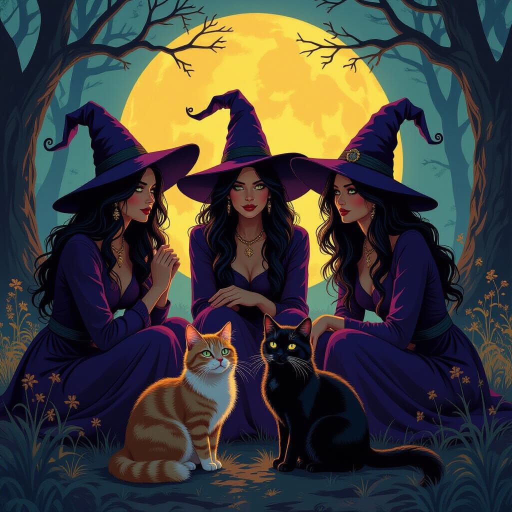 Three Witches and Two Cats: Whimsical Vintage Dark Fantasy A...
