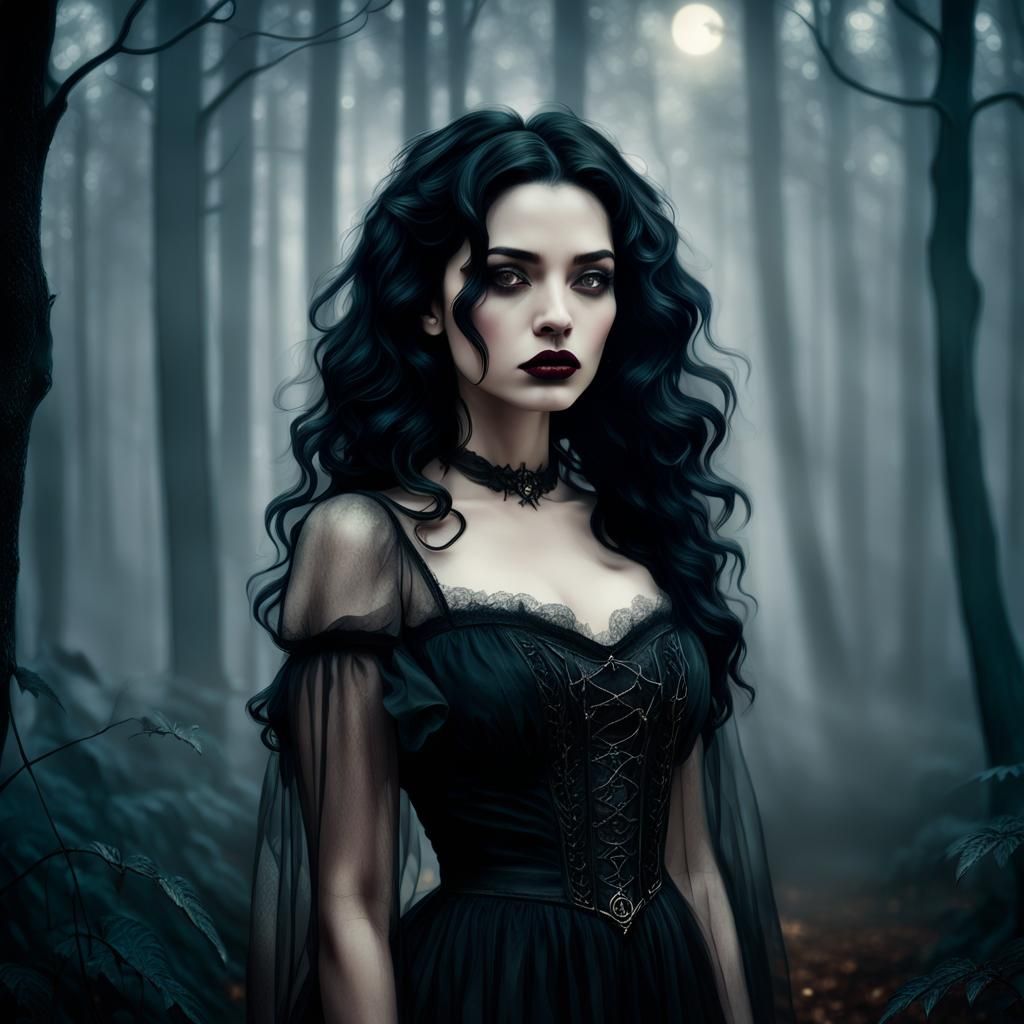 Gothic Romantic Portrait of Woman in Misty Forest