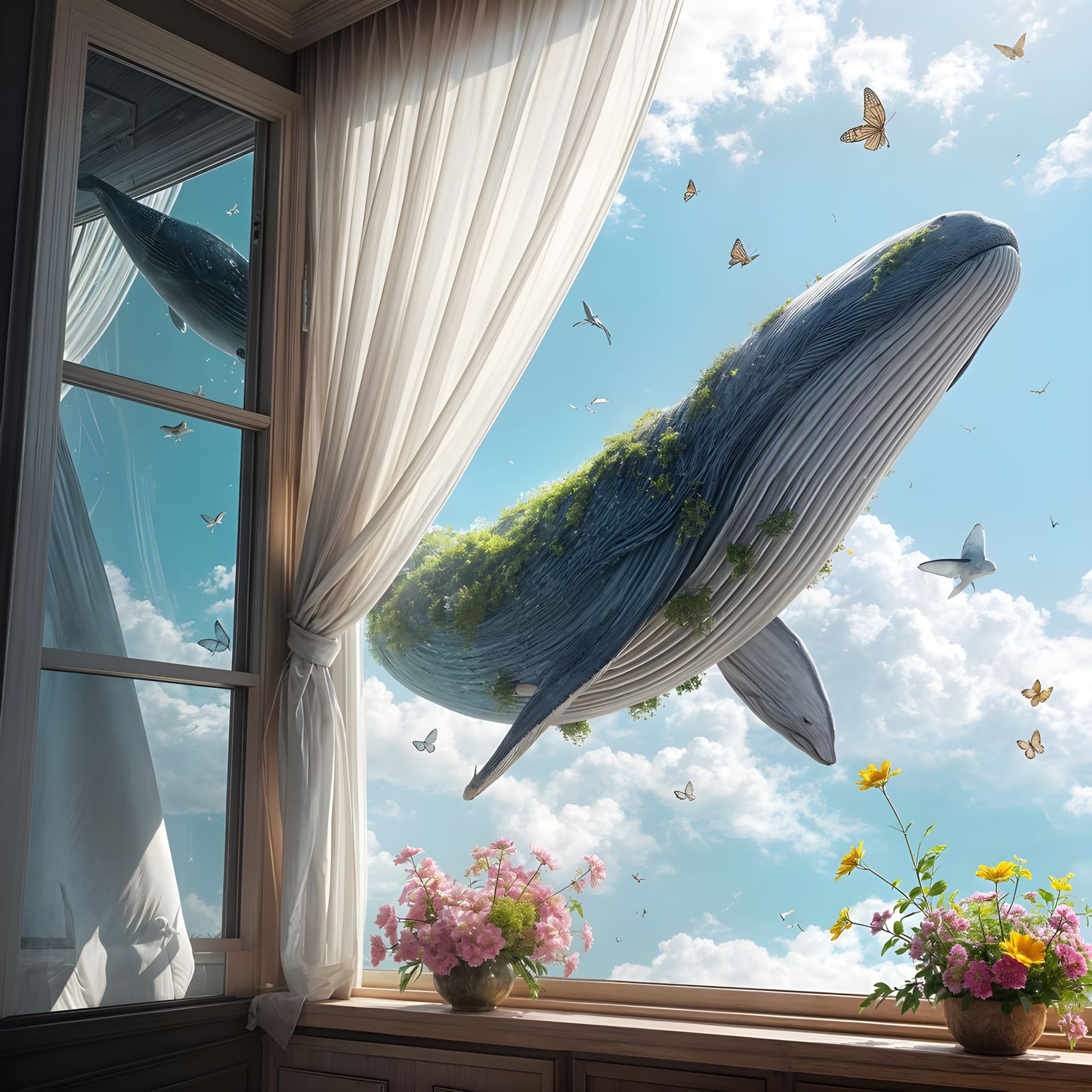 Surreal Whale Floats in Sky: Anime Art