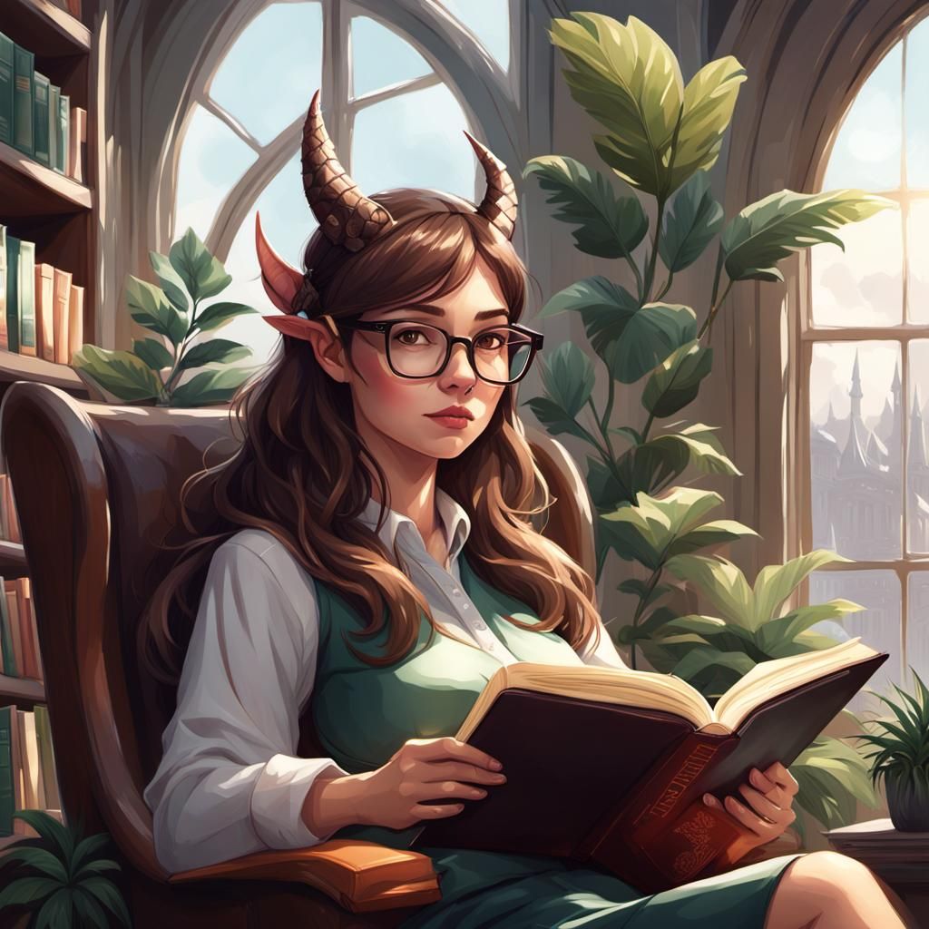 Girl Reading with Dragon in Library, Detailed Art
