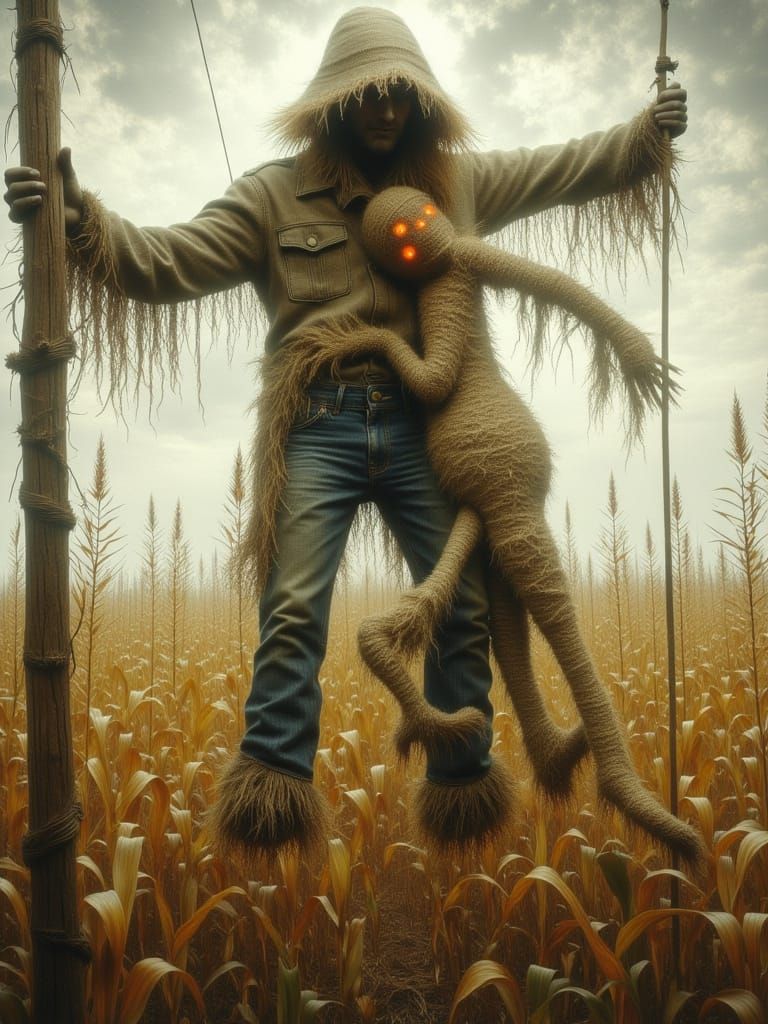 Scarecrow Attacked by Corn Mummy in Dark Fantasy Style