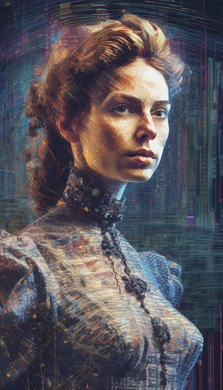 Victorian Lady in Cyberpunk Digital Chaos