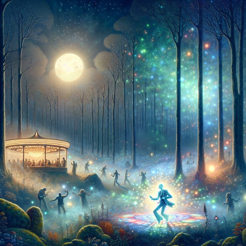 Moonlit Ghostly Disco in Forest with Dancing Character