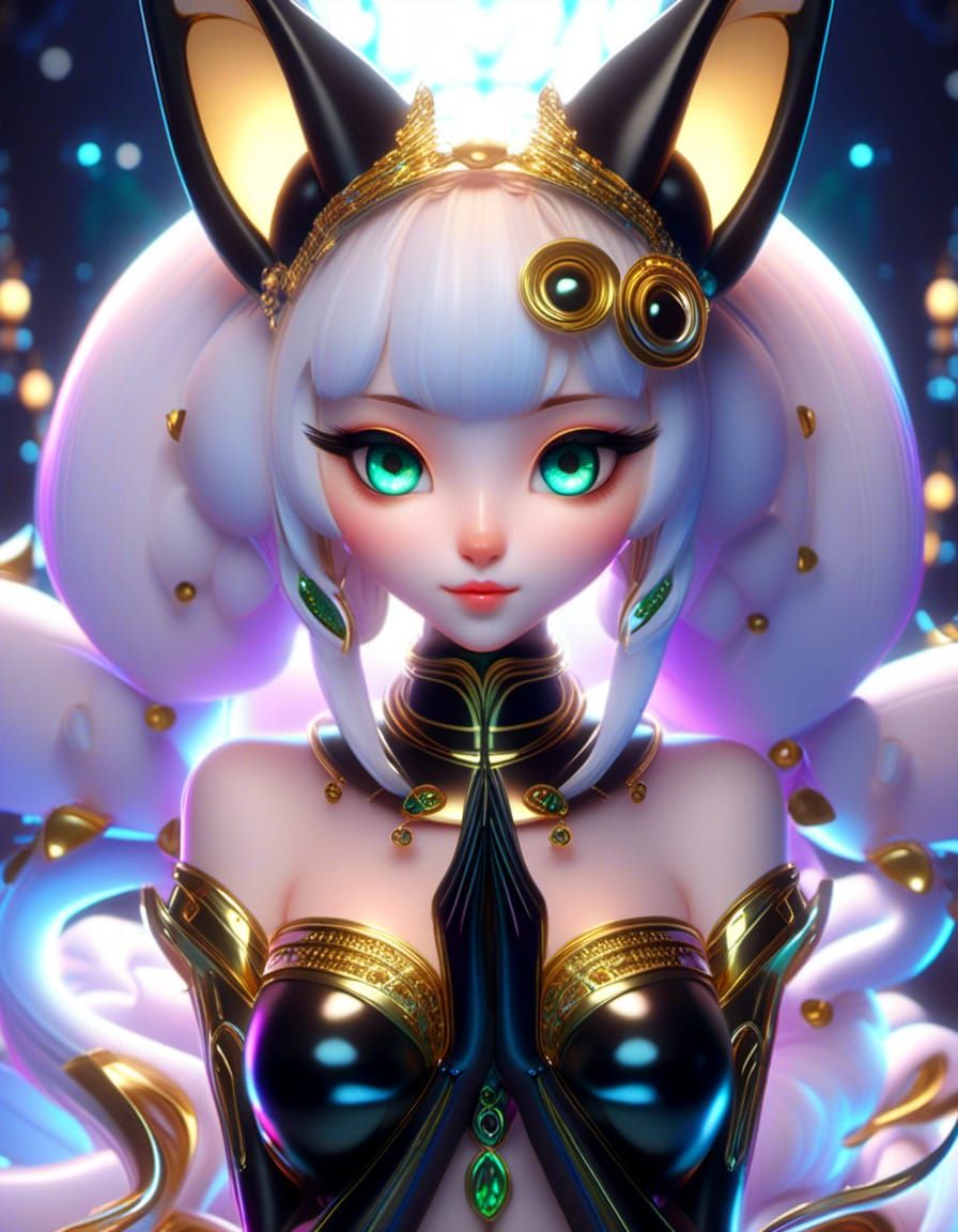 Kawaii kitsune girl, golden cat ears, white, black and gold with green, blue and purple 128k resolution, intricately det...