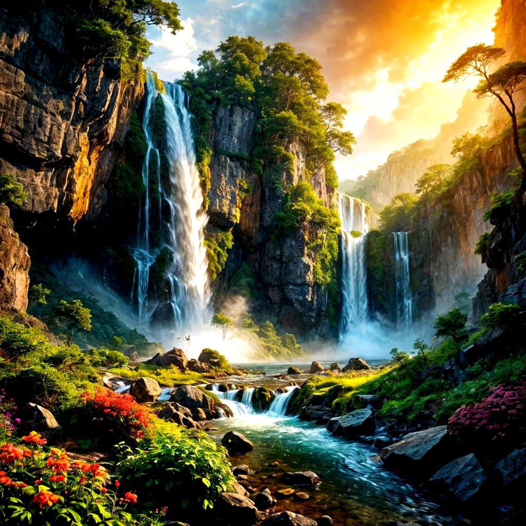 Colorful Waterfalls Between Extreme Cliffs: A Surreal Scene