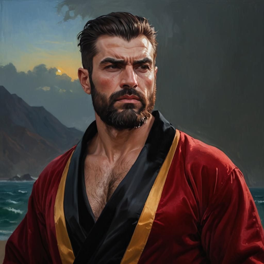 Hirsute Man in Red Bathrobe at Sunrise