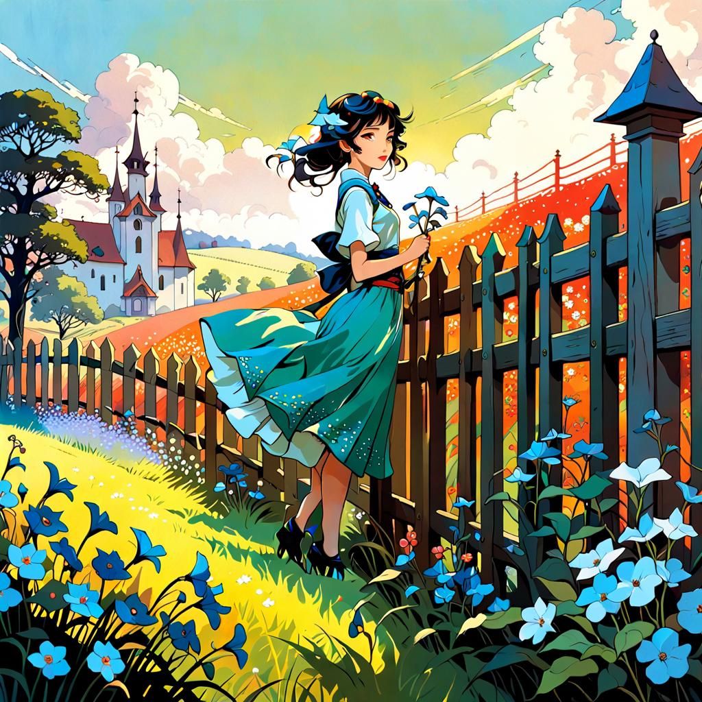 Blooming Wildflower Field with Birds, Matte Oil Painting