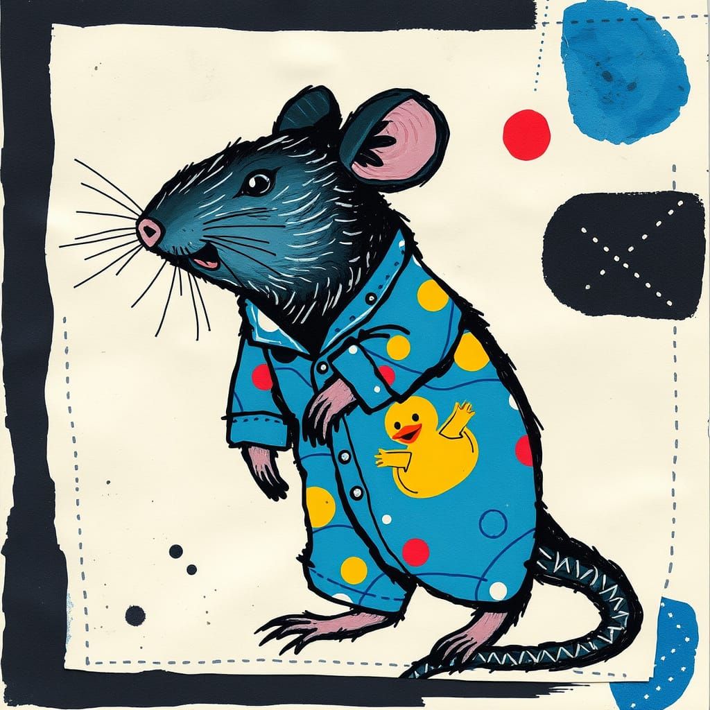 Moody Abstract Collage of Rat in Azure Pajamas