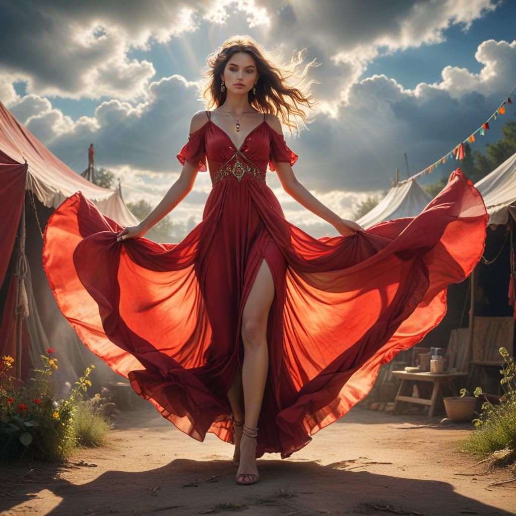 Gypsy Woman in Flowing Red Dress: 3D Rendering