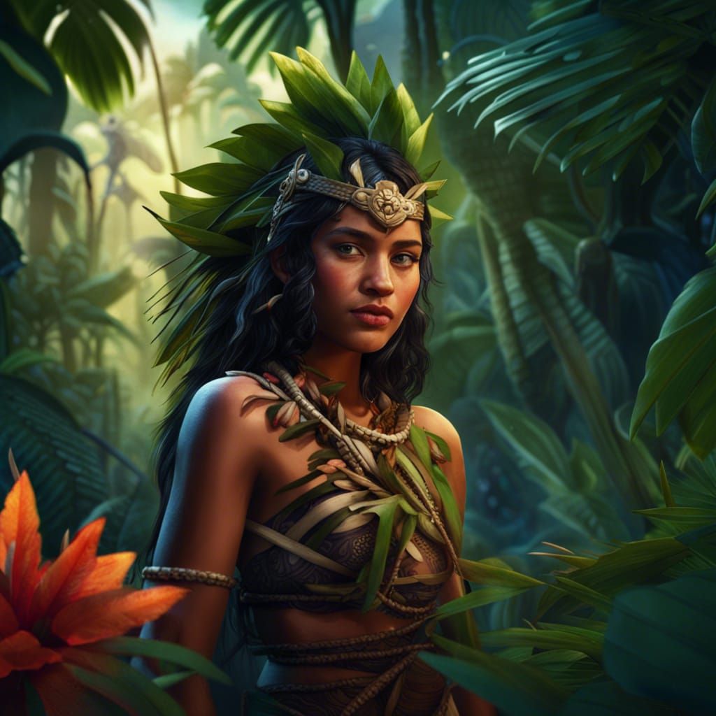 Polynesian Girl Collecting Flowers in Jungle