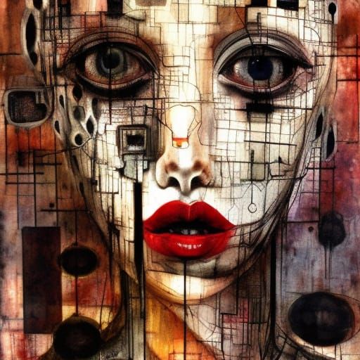 Surreal Woman's Portrait with Bioluminescent Ink Drips