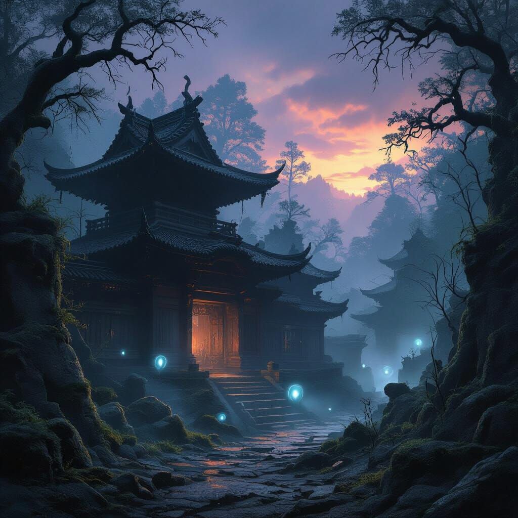 Haunted Japanese Temple in Eerie Forest at Dusk