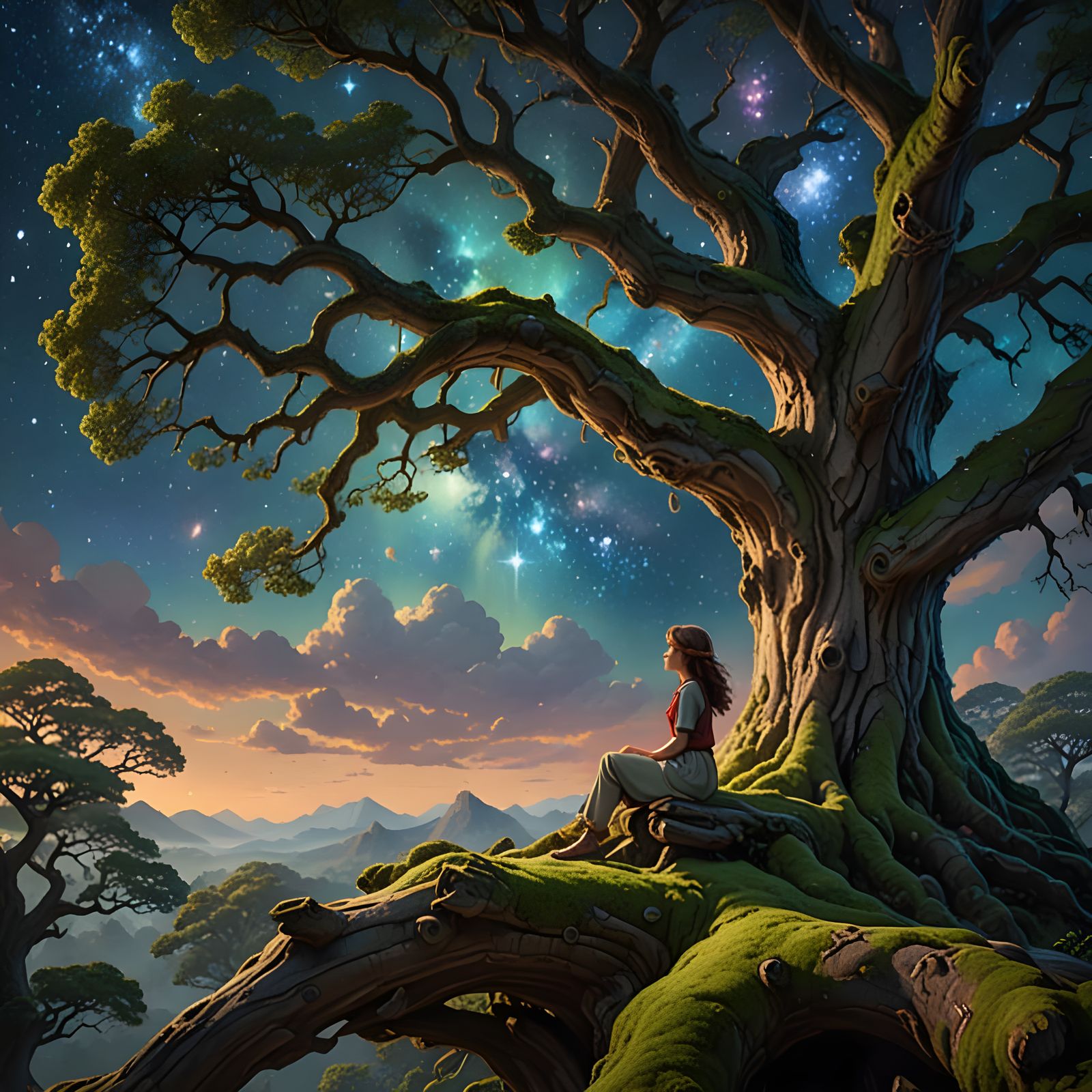 Enchanted Girl Gazing at Galaxy on Ancient Tree
