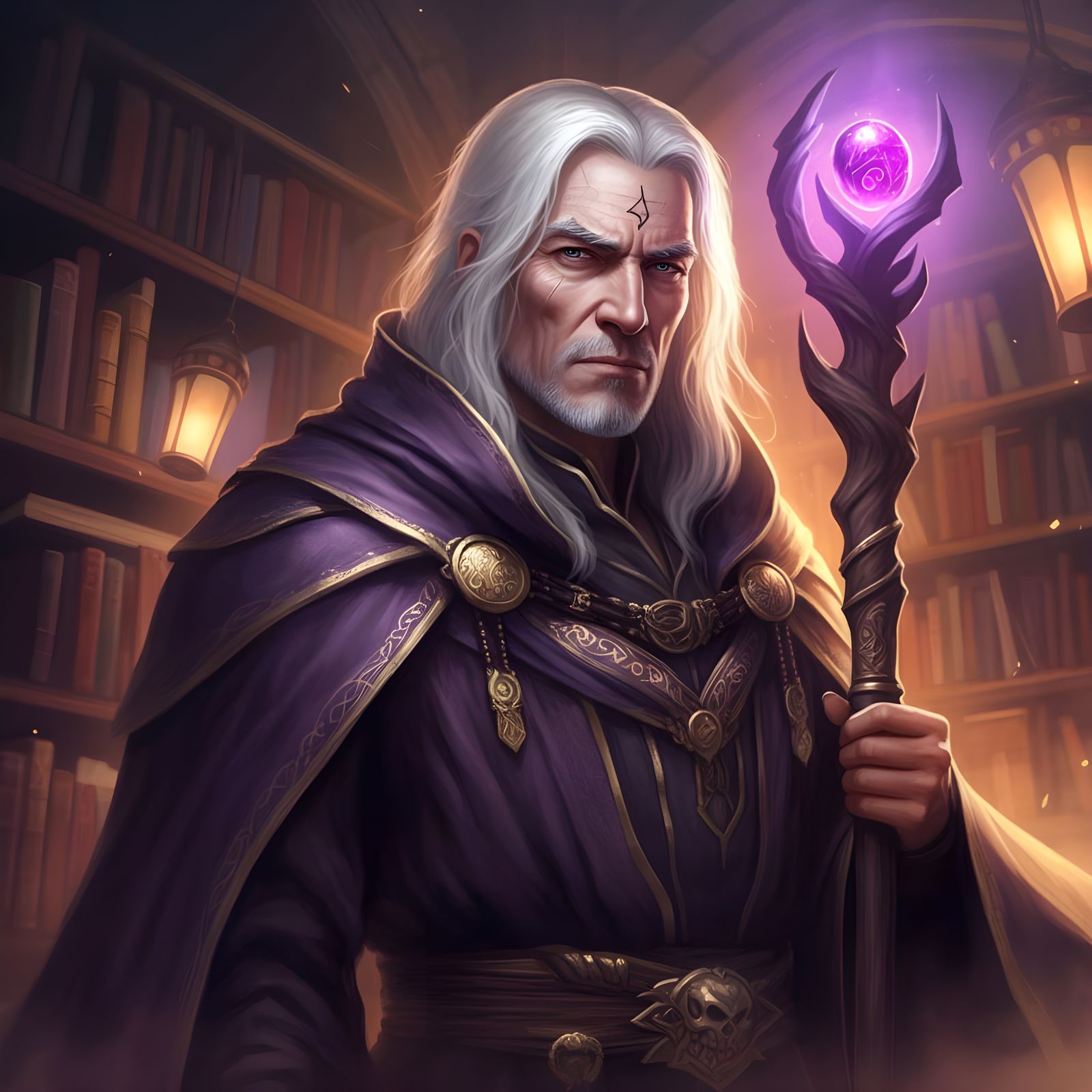 Dark Fantasy Mage with Golden Runes and Magical Staff