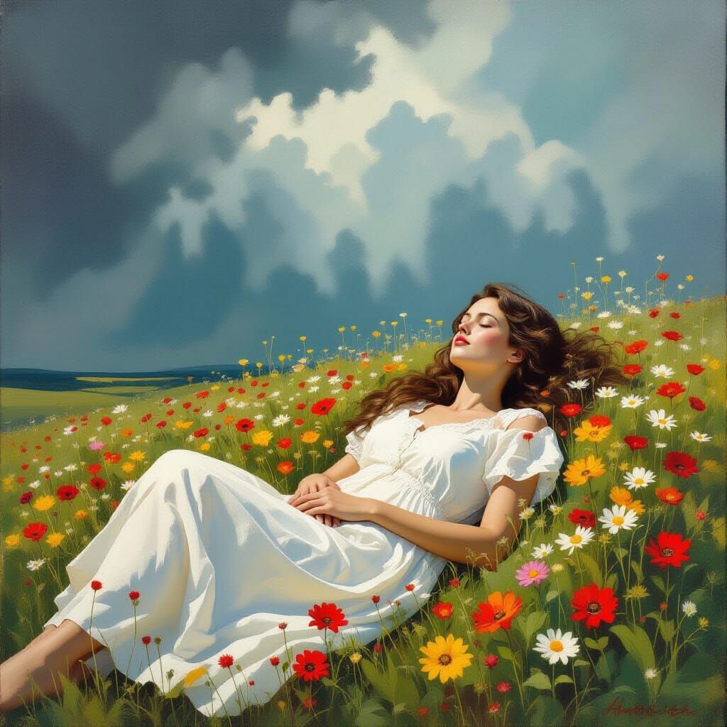 Serene Woman Merging with Wildflowers Under Stormy Sky