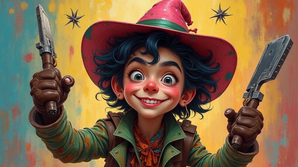 Mischievous Prankster with Playful Props as Expressive Paint...