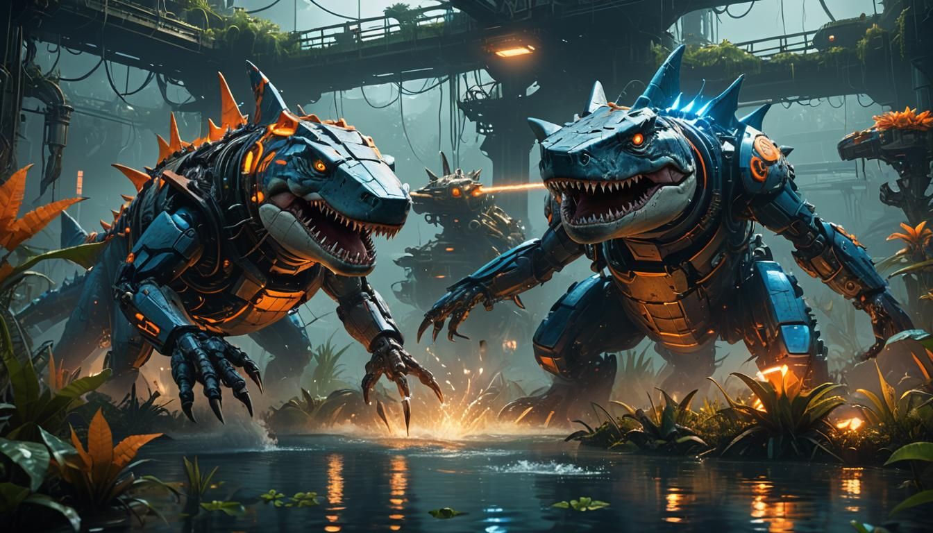 Mecha Shark vs Crocodile in Electric Swamp