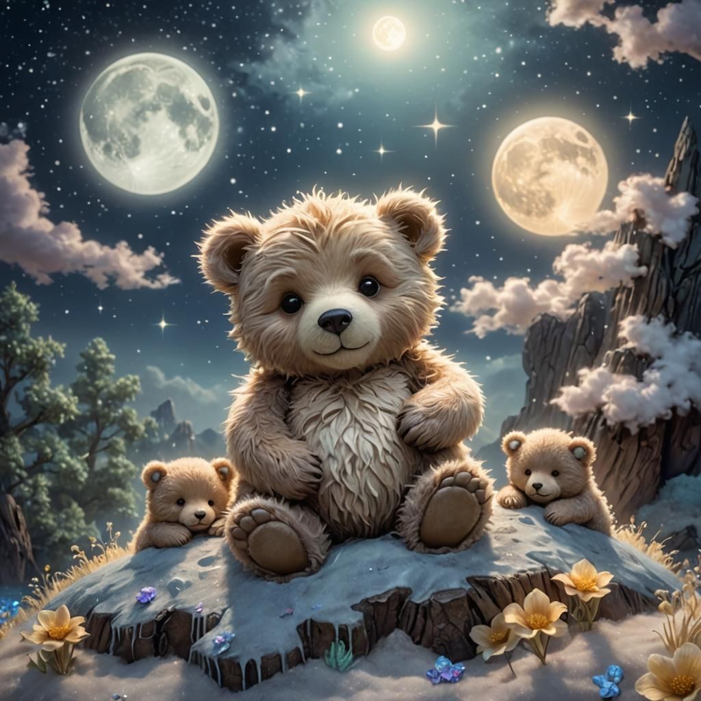 Chibi Bears Sleeping on Bioluminescent Moon