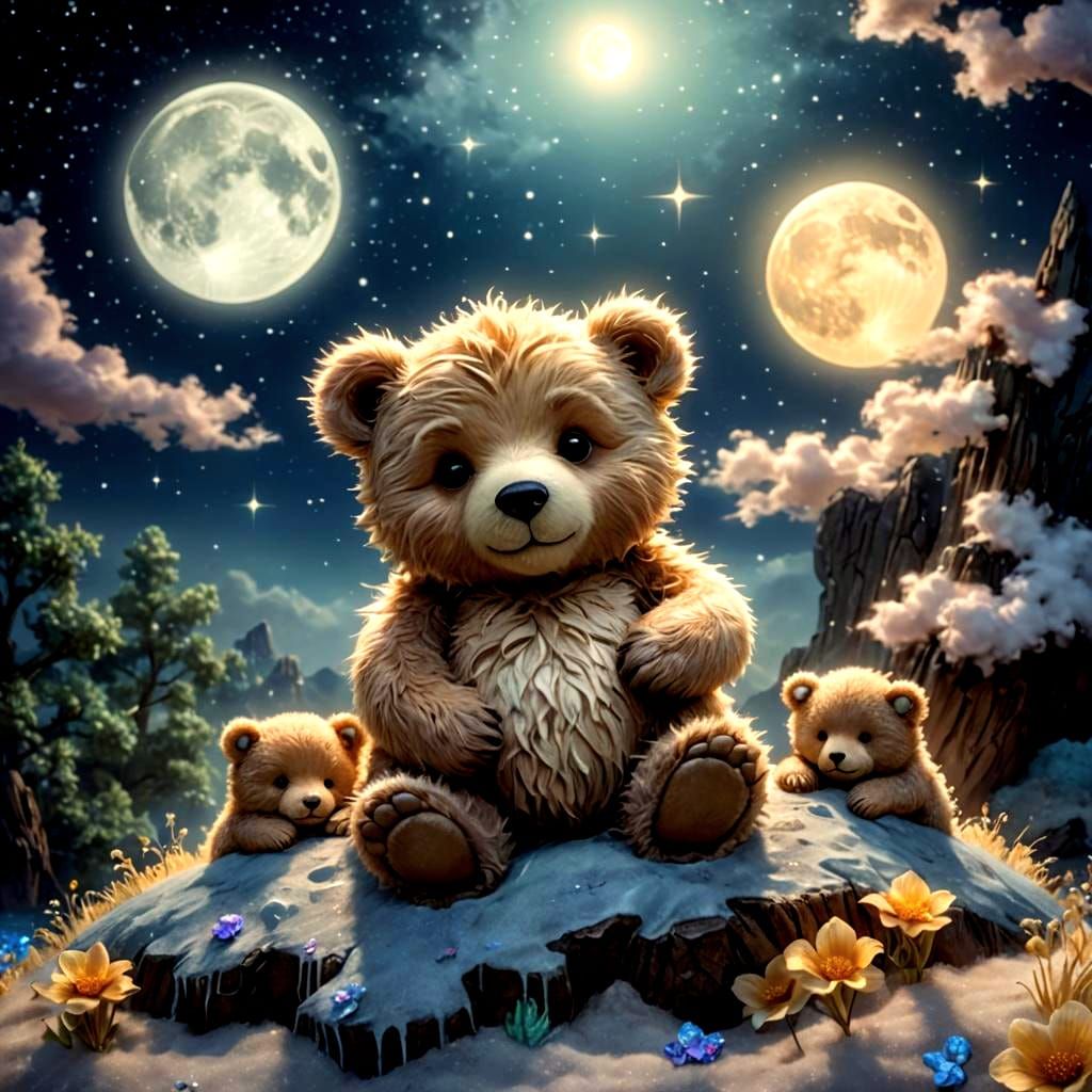 Chibi Bears Sleeping on Bioluminescent Moon