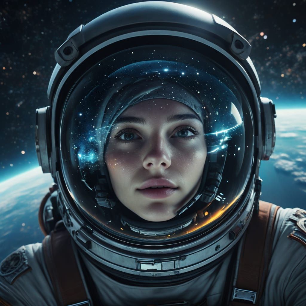 Astronaut's Helmet Reflecting Starry Sky in Space