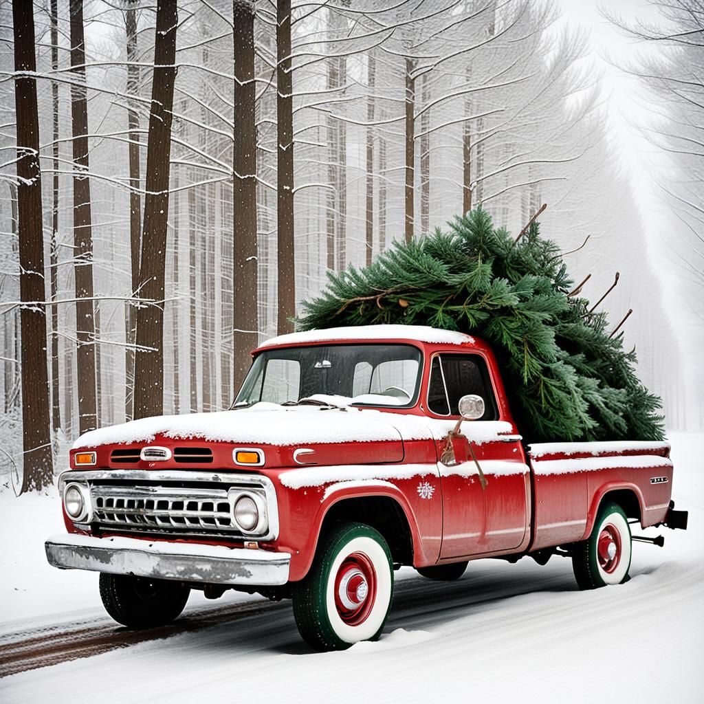 Christmas Tree in Red Pickup Truck, Winter Scene