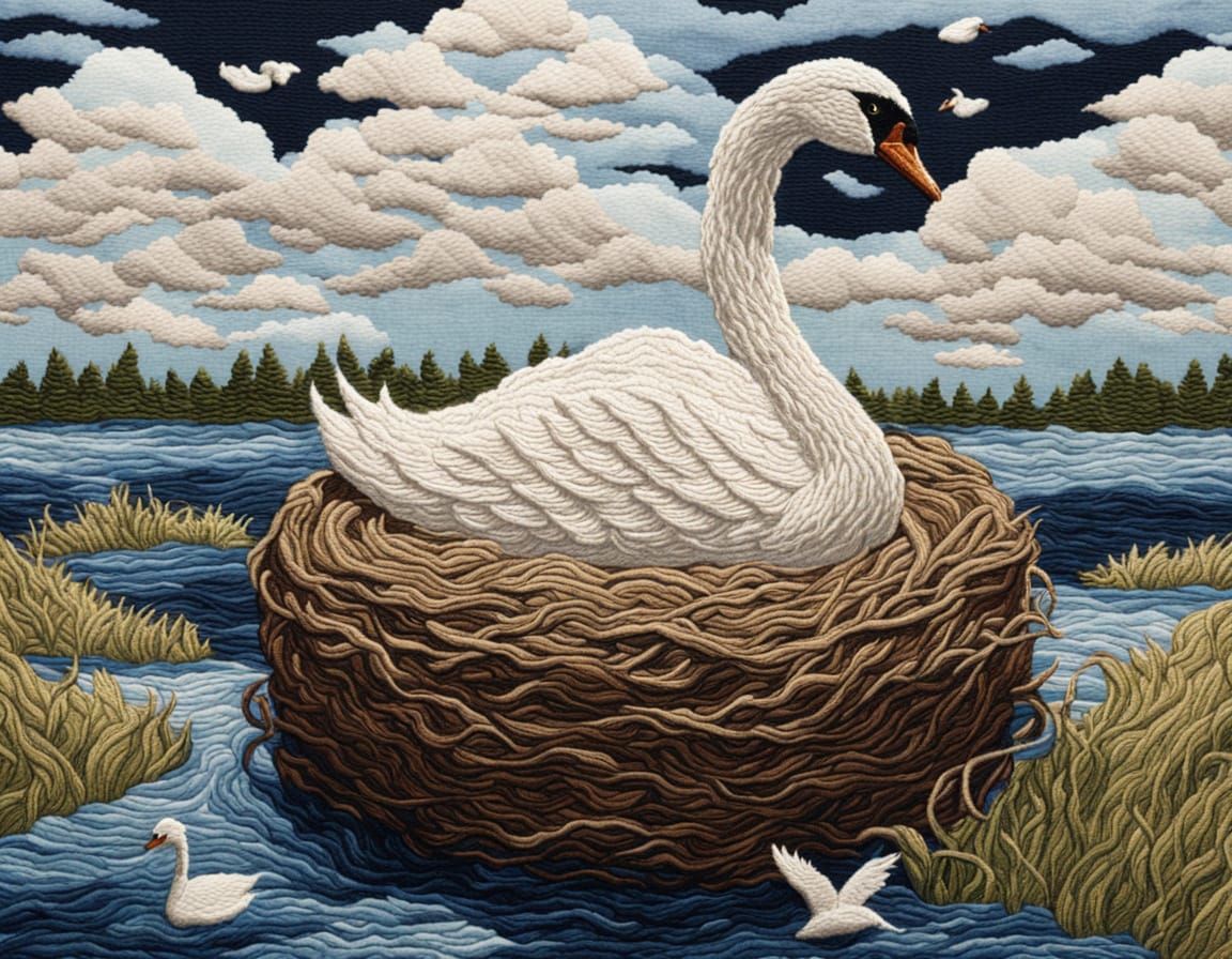 Embroidered Needlepoint Swan on Nest Textile Art