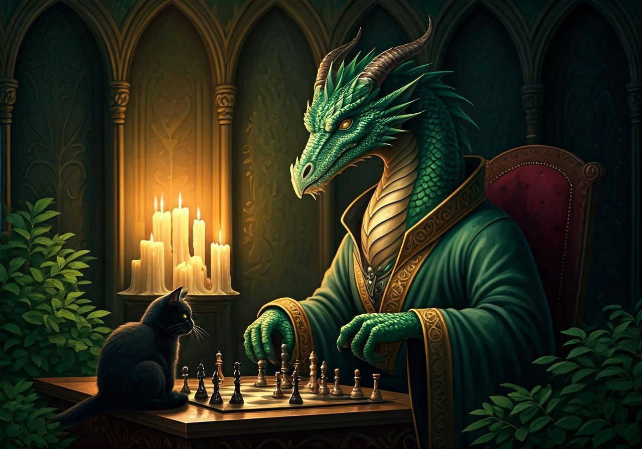 Emerald Dragon Plays Chess with Cat in Ornate Chamber