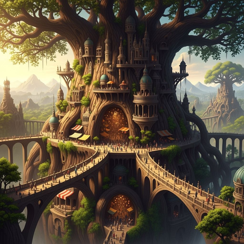 City in Ancient Tree Silhouette