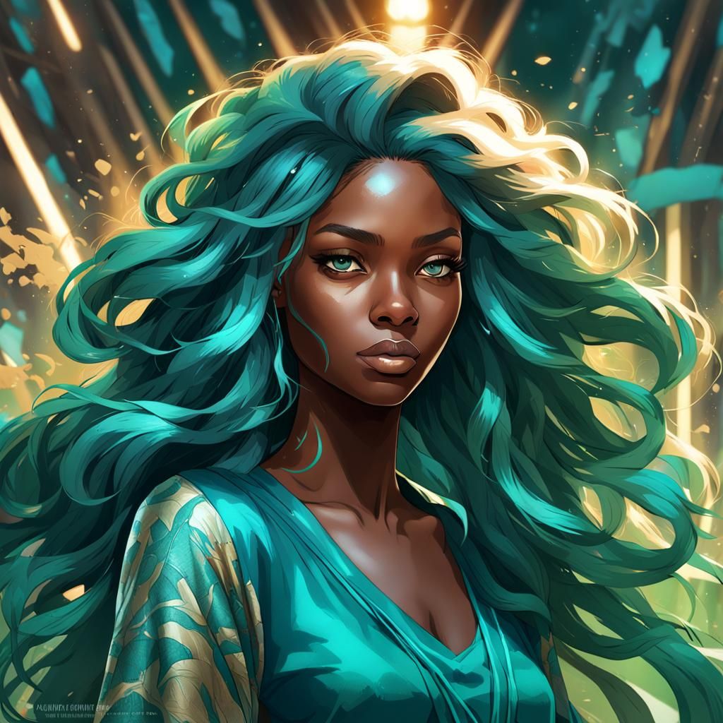 Teenage Woman with Blue Hair, Digital Art Portrait