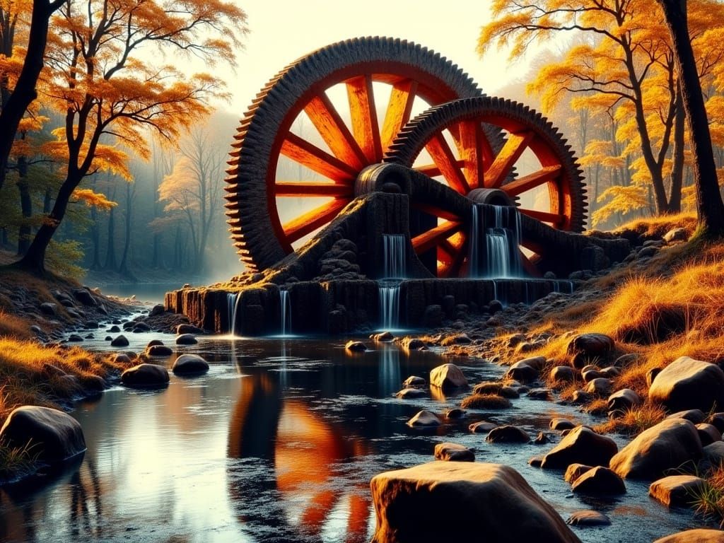 Gothic Waterwheel at Golden Hour in Vibrant Alcohol Ink Styl...