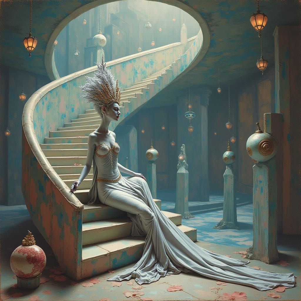 Surrealist Alien Princess in an Infinite Art Deco Staircase