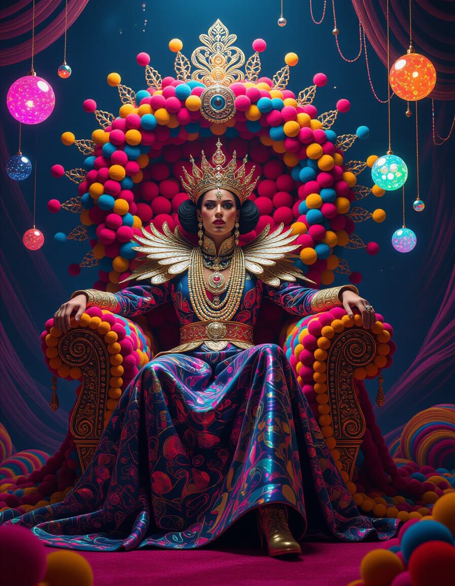 Intergalactic Monarch on Pom-Pom Throne: A Maximalist Vision