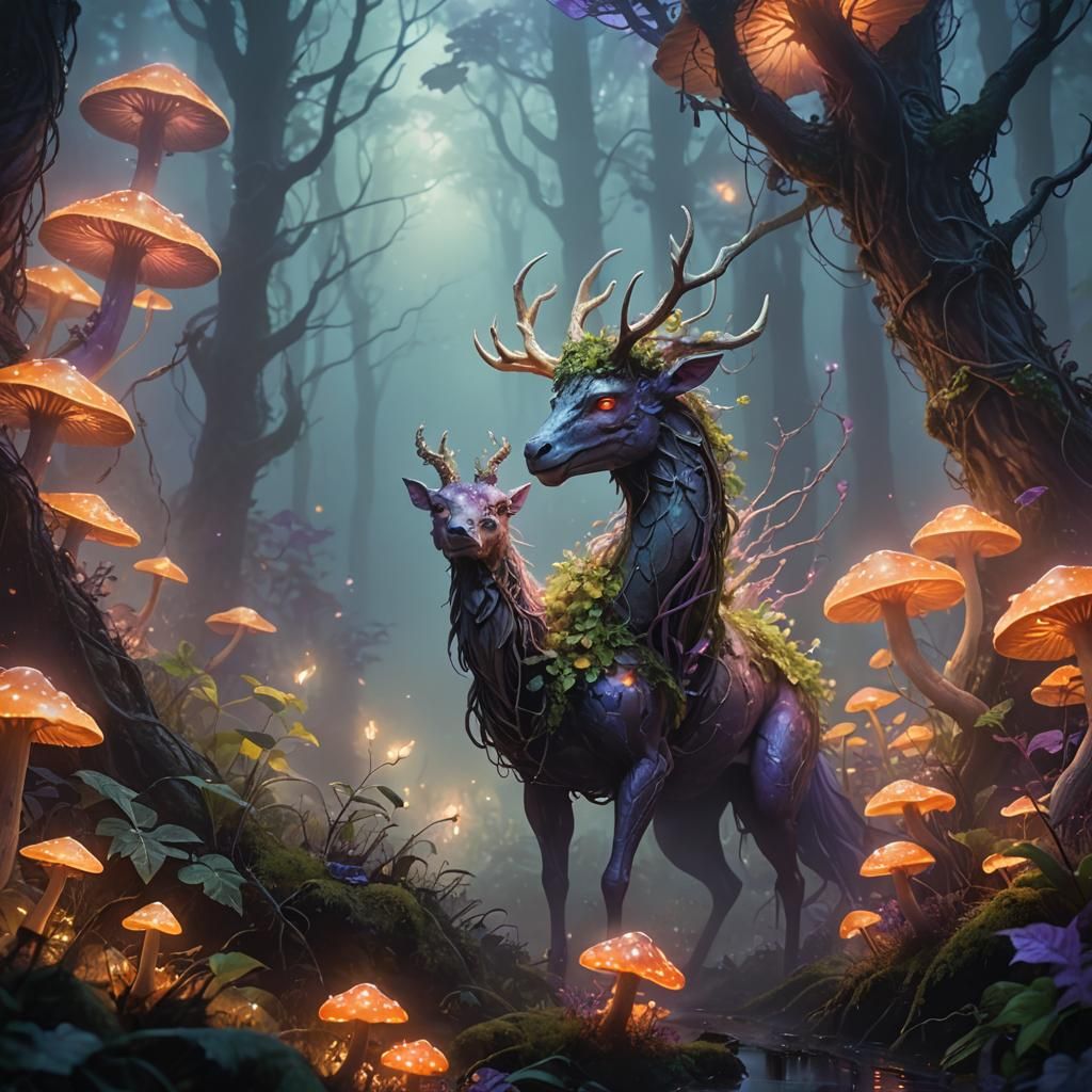 Mystical Creature in Luminescent Forest: Fantasy Art