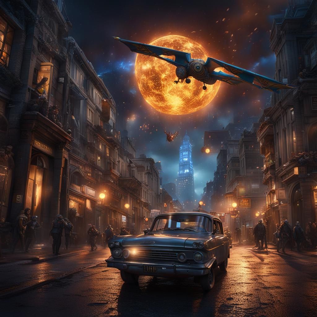 Superhero Flying Over City in Detailed Matte Painting