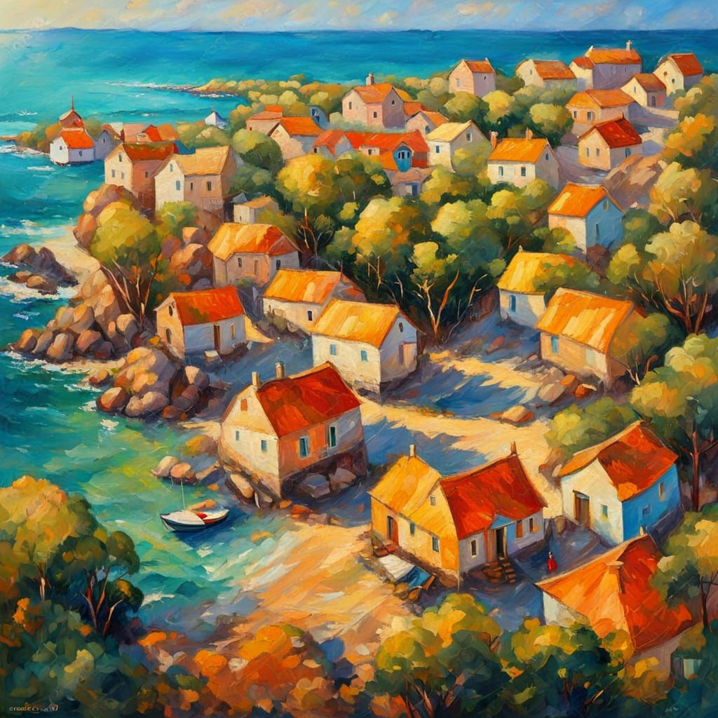 Seaside Village in Neo-Impressionist Style