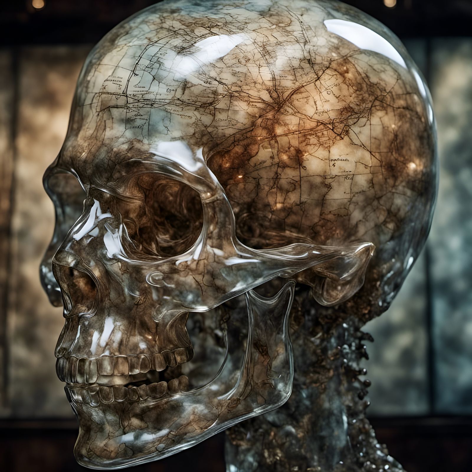 Glass Head Portrait with Topographic Map Etchings