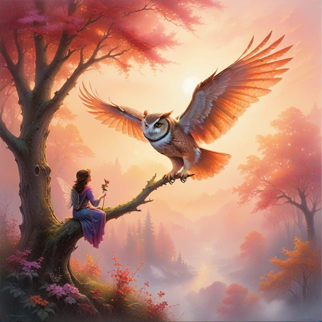 Whimsical Owl and Fairy Soar Through Vibrant Hues